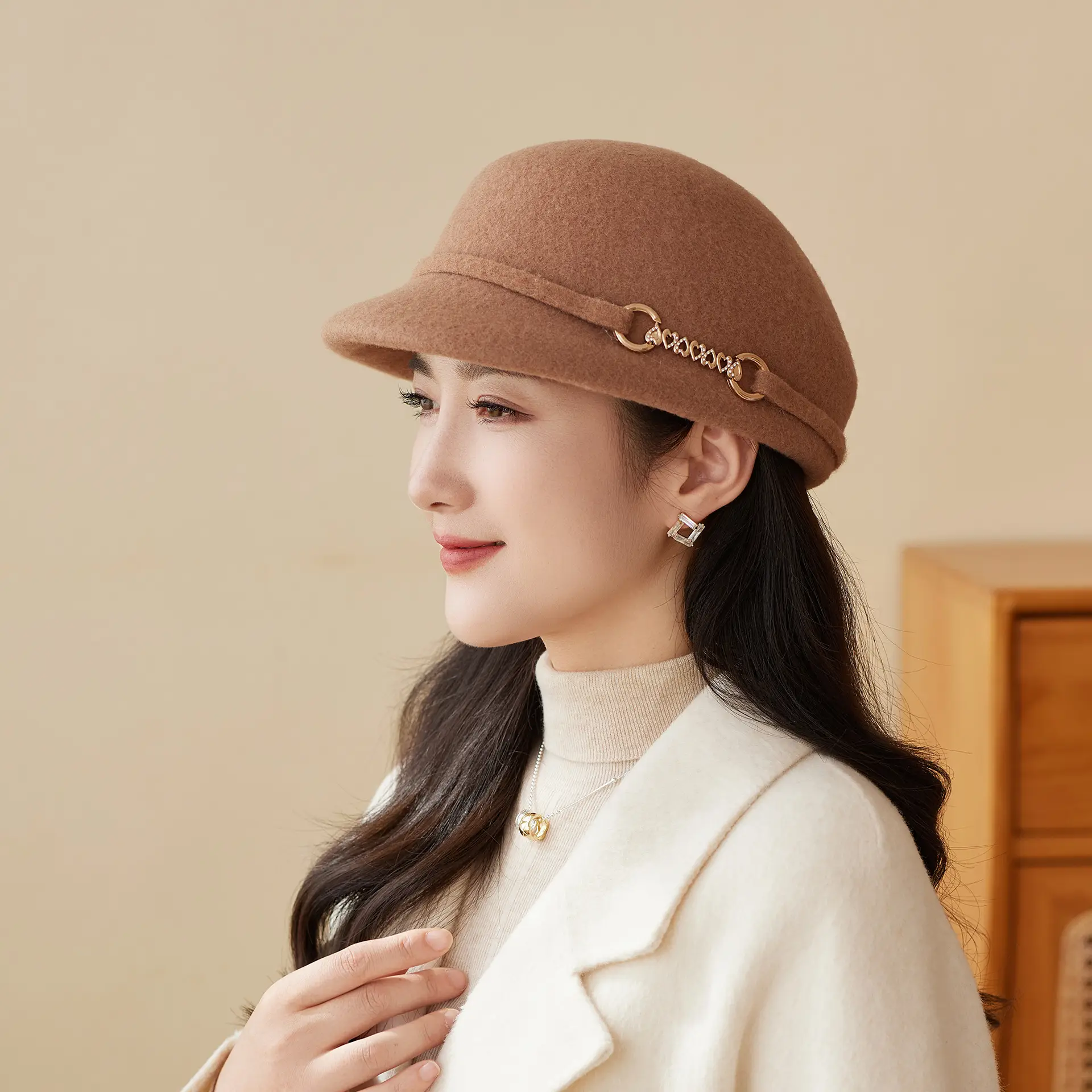 Autumn Winter Wool Felt Chain Hat for Women - Image 6