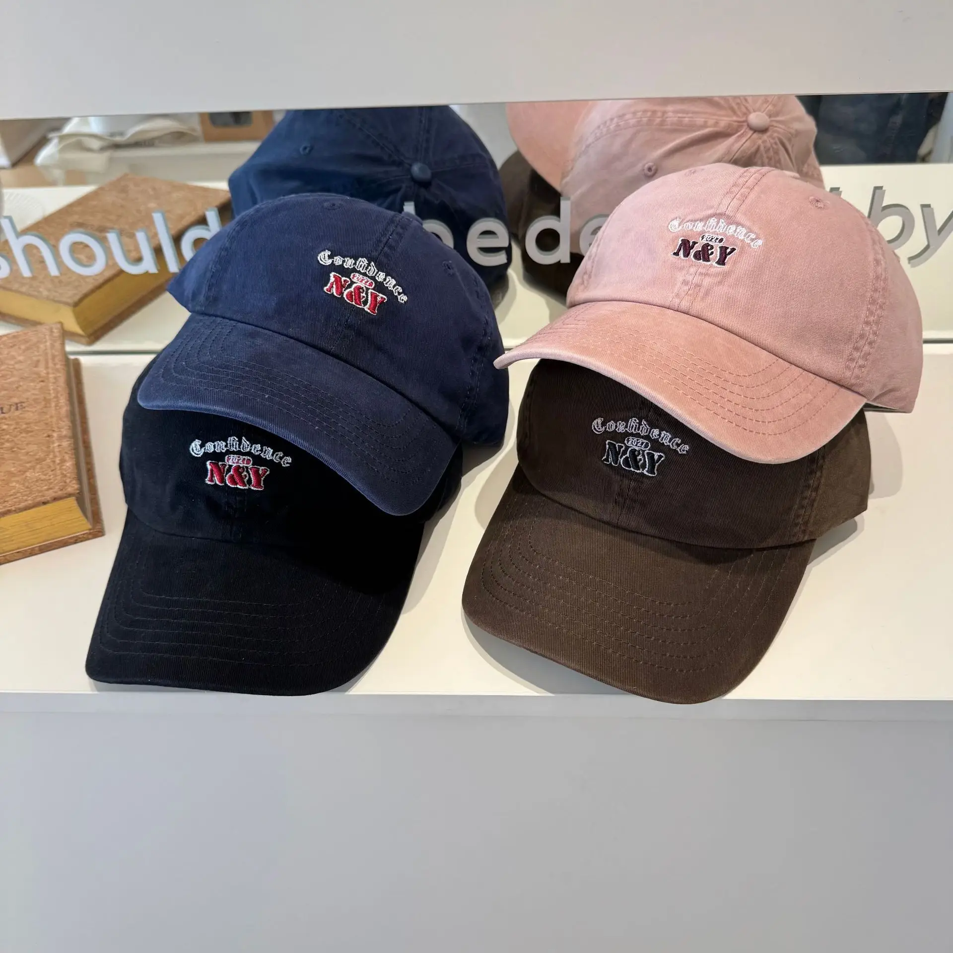 Korean Dongdaemun Letter Embroidered Blue Baseball Cap for Women