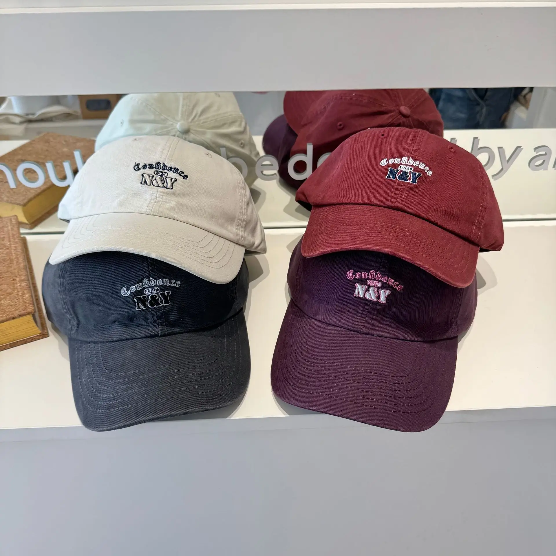 Korean Dongdaemun Letter Embroidered Blue Baseball Cap for Women