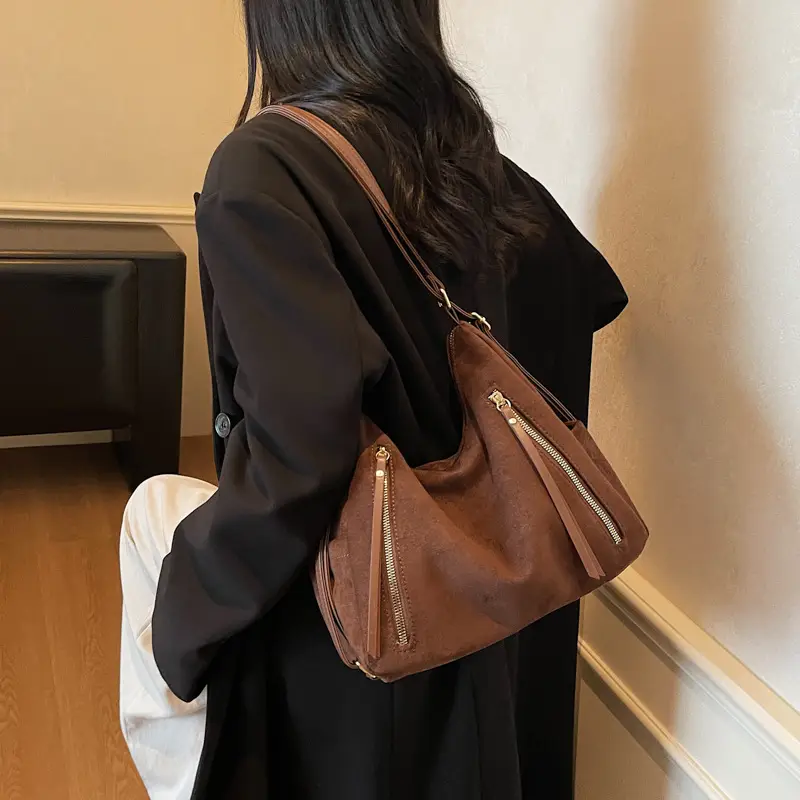 Women Retro Suede Shoulder Tote Bag Brown 2025 - Image 2