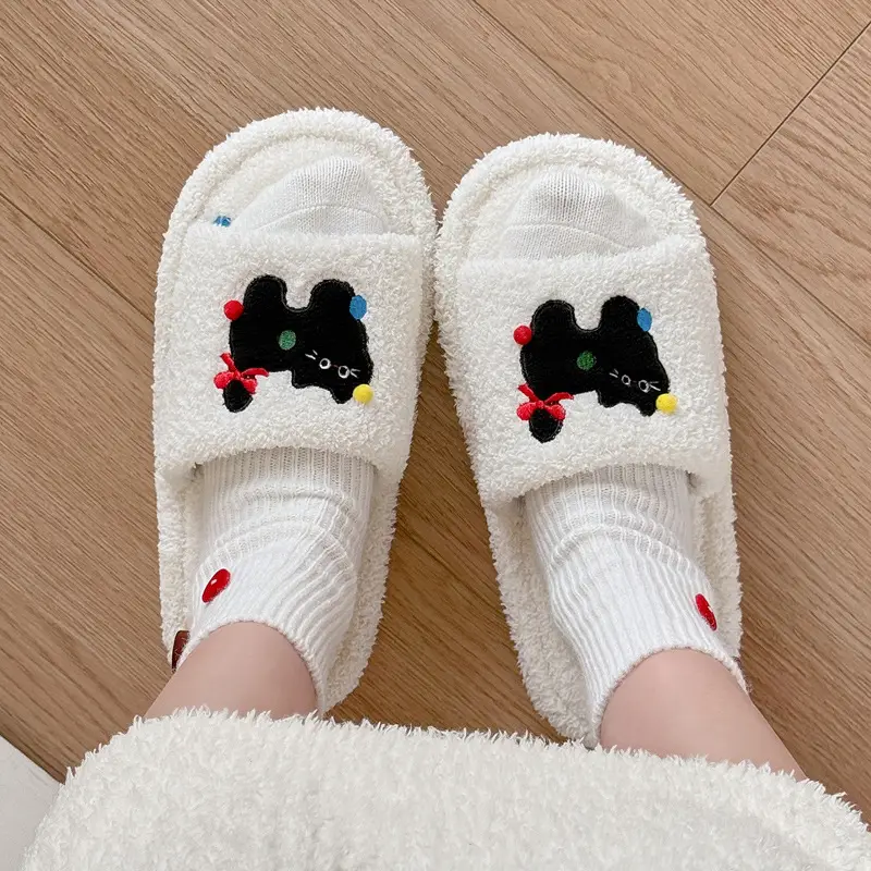 Cute Kitten Embroidered White Slippers for Women - Image 4