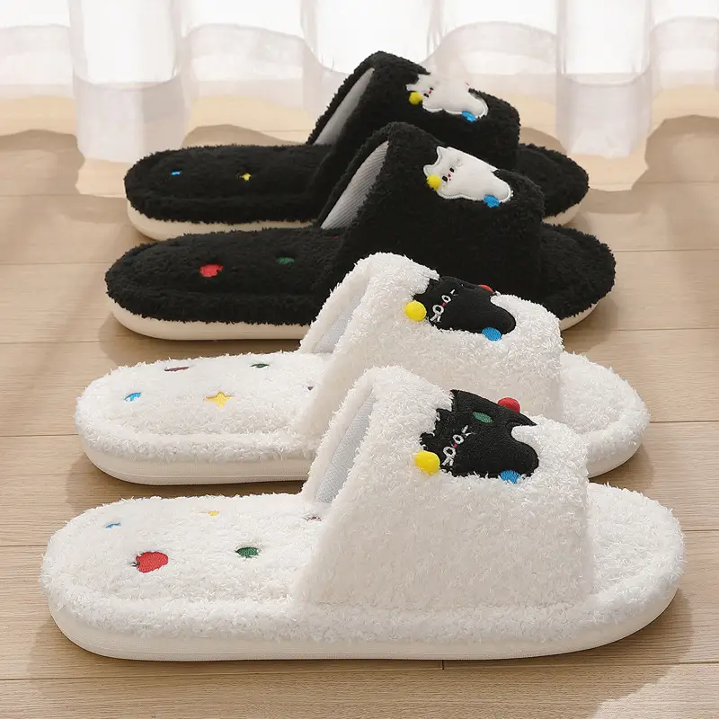 Cute Kitten Embroidered White Slippers for Women - Image 6