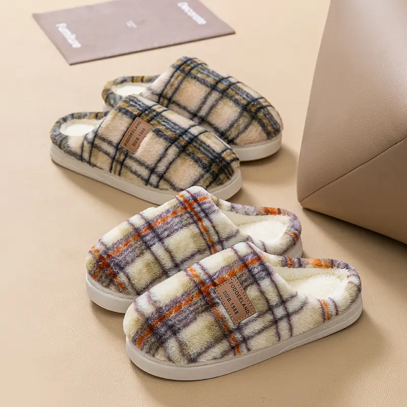 Classic Plaid Cotton Slippers Autumn Winter Warm Furry