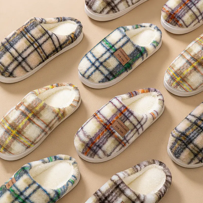 Classic Plaid Cotton Slippers Autumn Winter Warm Furry