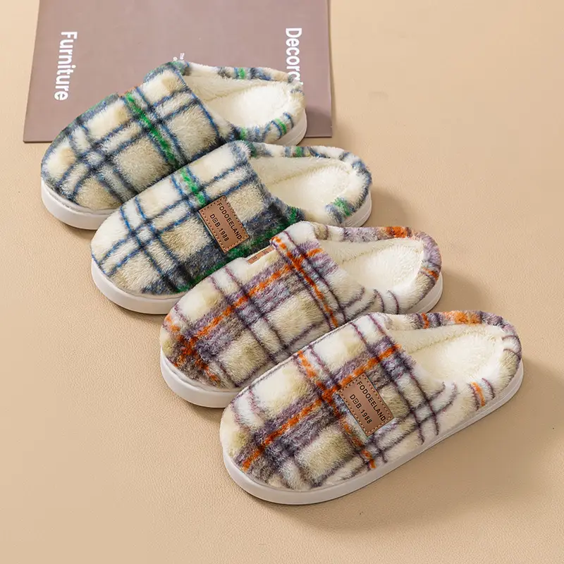 Classic Plaid Cotton Slippers Autumn Winter Warm Furry