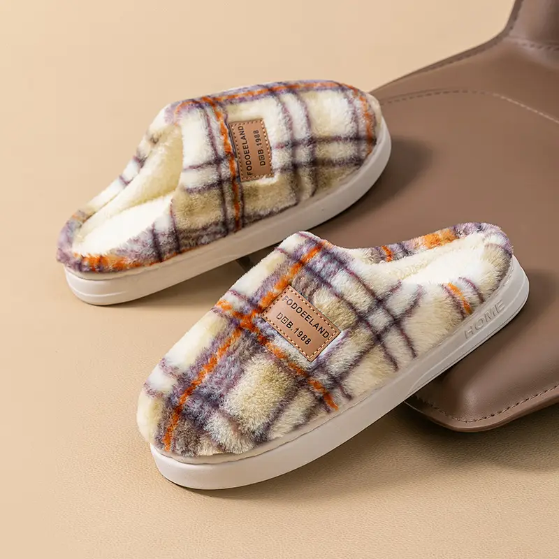 Classic Plaid Cotton Slippers Autumn Winter Warm Furry