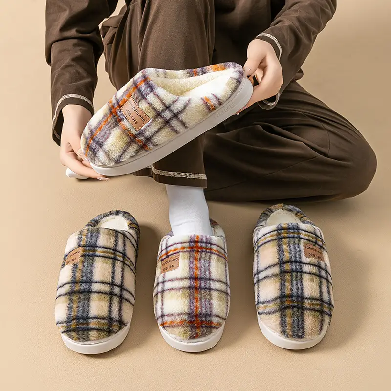 Classic Plaid Cotton Slippers Autumn Winter Warm Furry