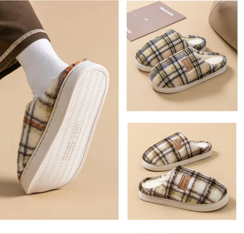 Classic Plaid Cotton Slippers Autumn Winter Warm Furry — feature 16