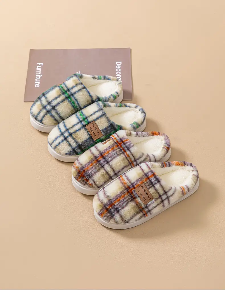 Classic Plaid Cotton Slippers Autumn Winter Warm Furry — feature 17