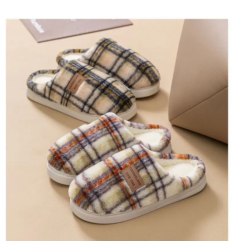 Classic Plaid Cotton Slippers Autumn Winter Warm Furry — feature 19