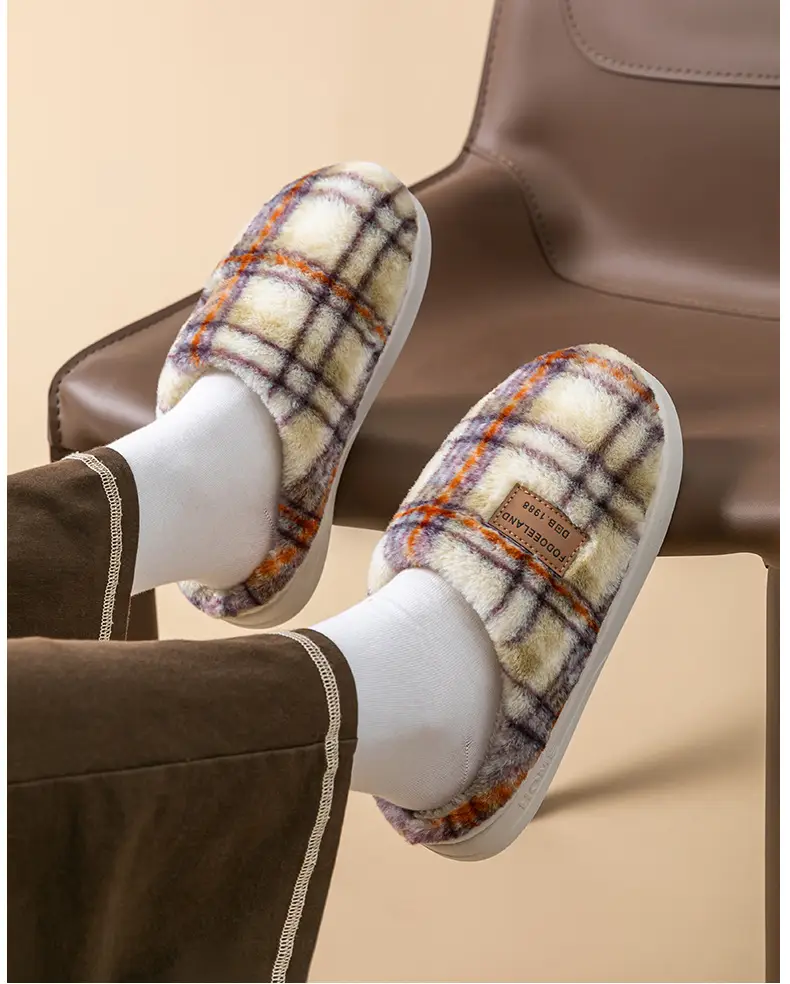 Classic Plaid Cotton Slippers Autumn Winter Warm Furry — feature 21