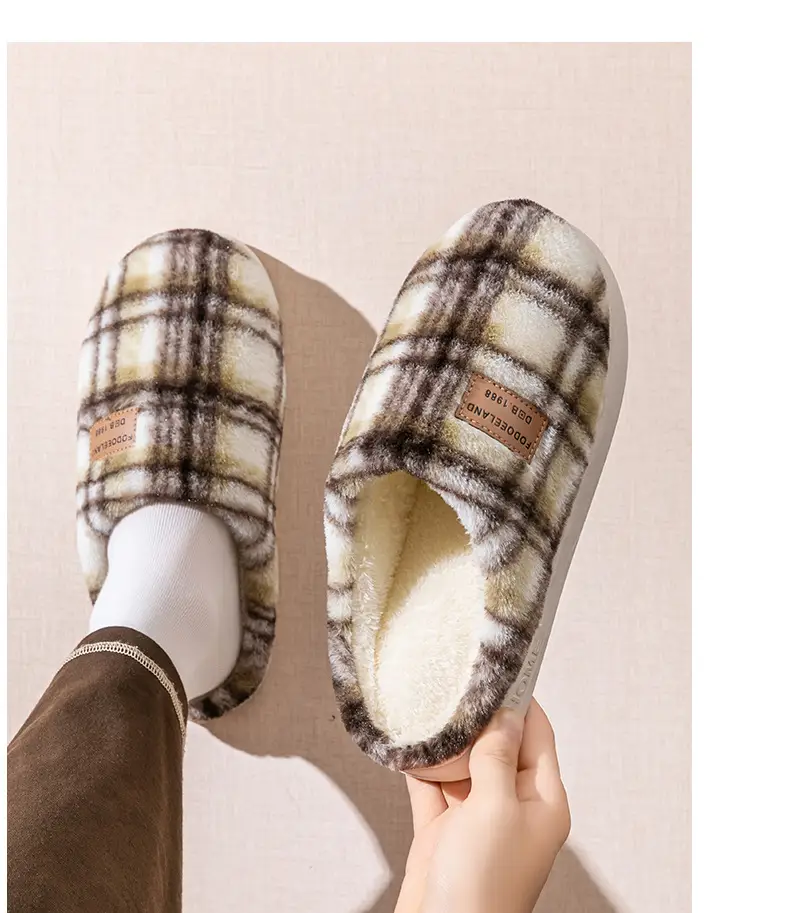 Classic Plaid Cotton Slippers Autumn Winter Warm Furry — feature 22