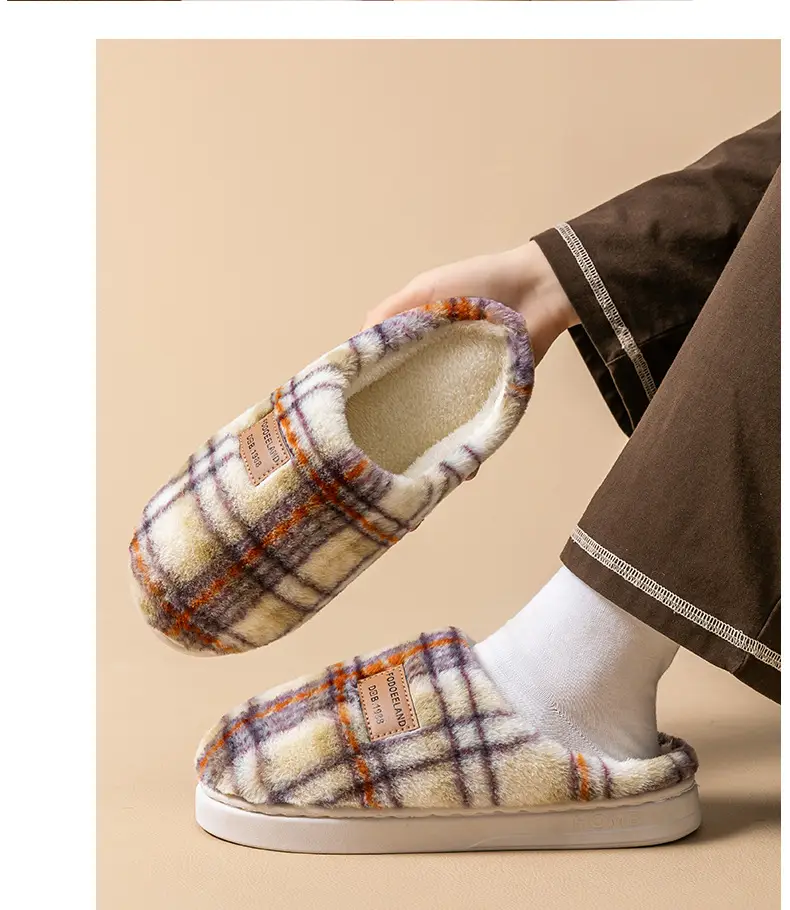 Classic Plaid Cotton Slippers Autumn Winter Warm Furry — feature 23