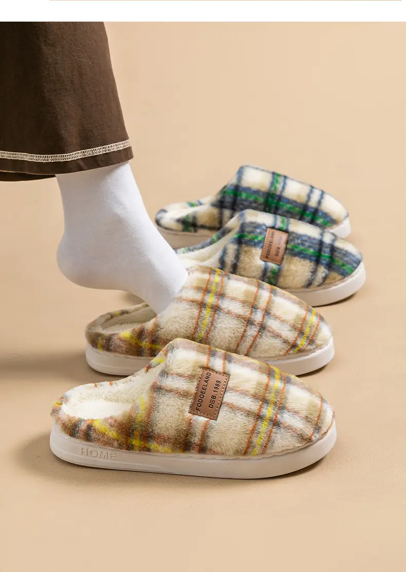 Classic Plaid Cotton Slippers Autumn Winter Warm Furry — feature 24