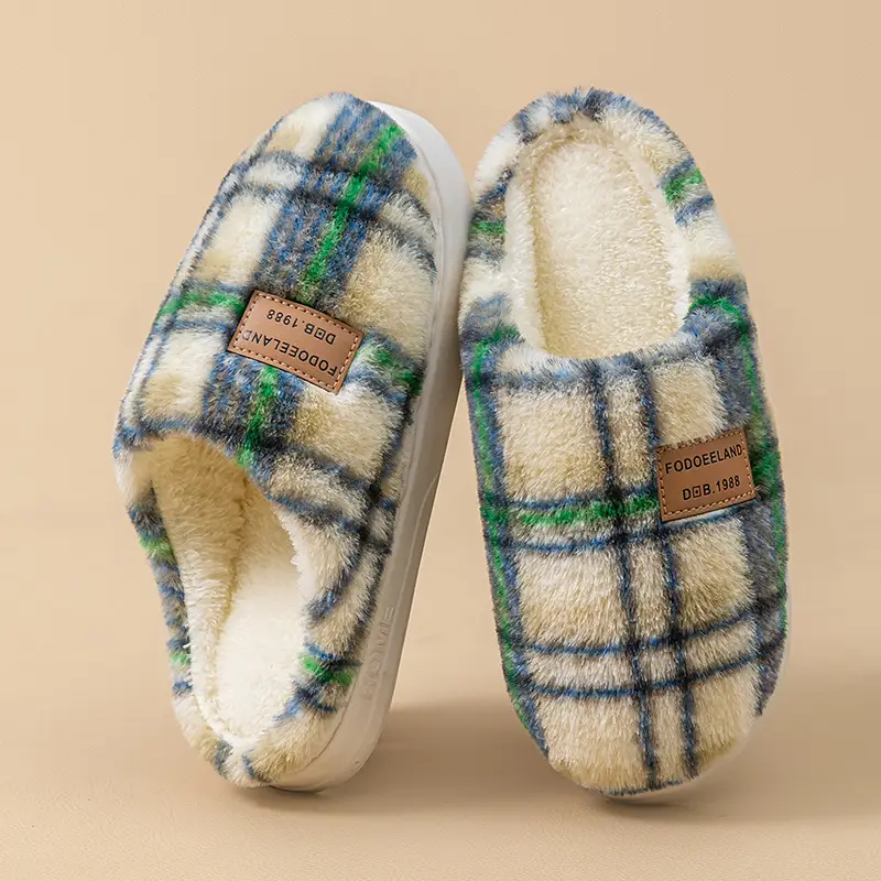 Classic Plaid Cotton Slippers Autumn Winter Warm Furry