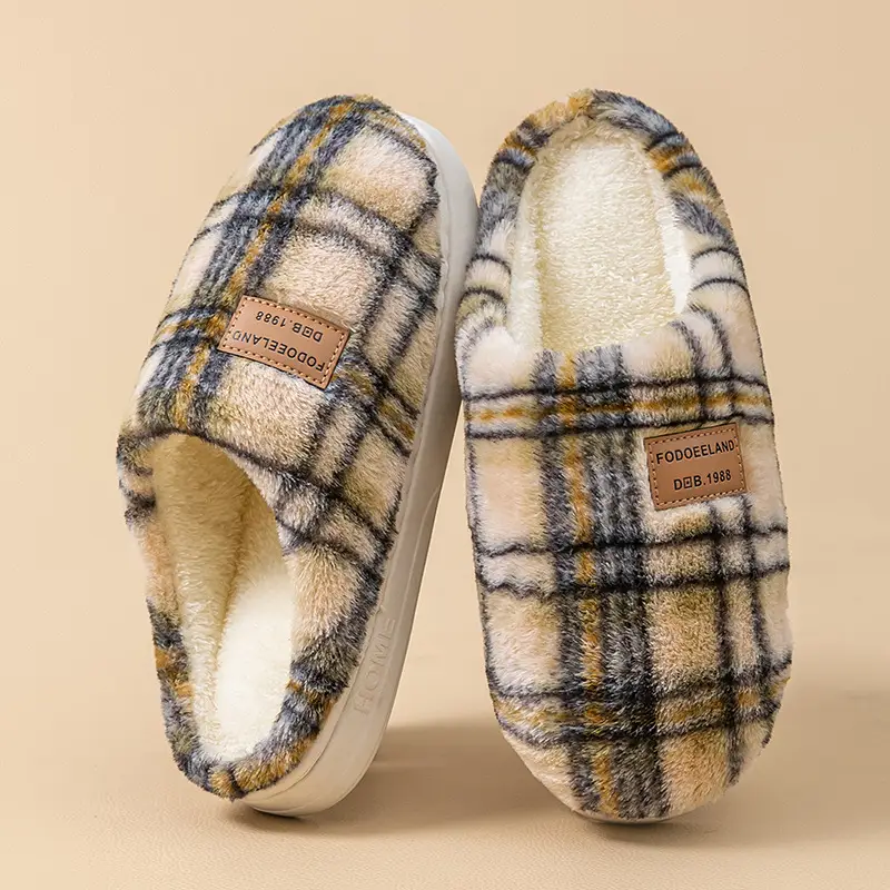 Classic Plaid Cotton Slippers Autumn Winter Warm Furry