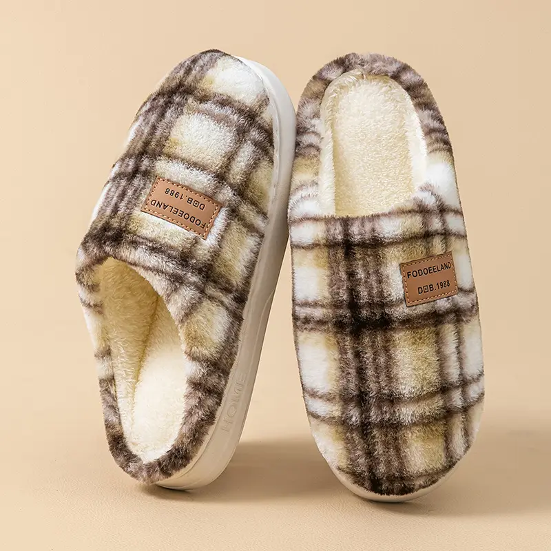 Classic Plaid Cotton Slippers Autumn Winter Warm Furry