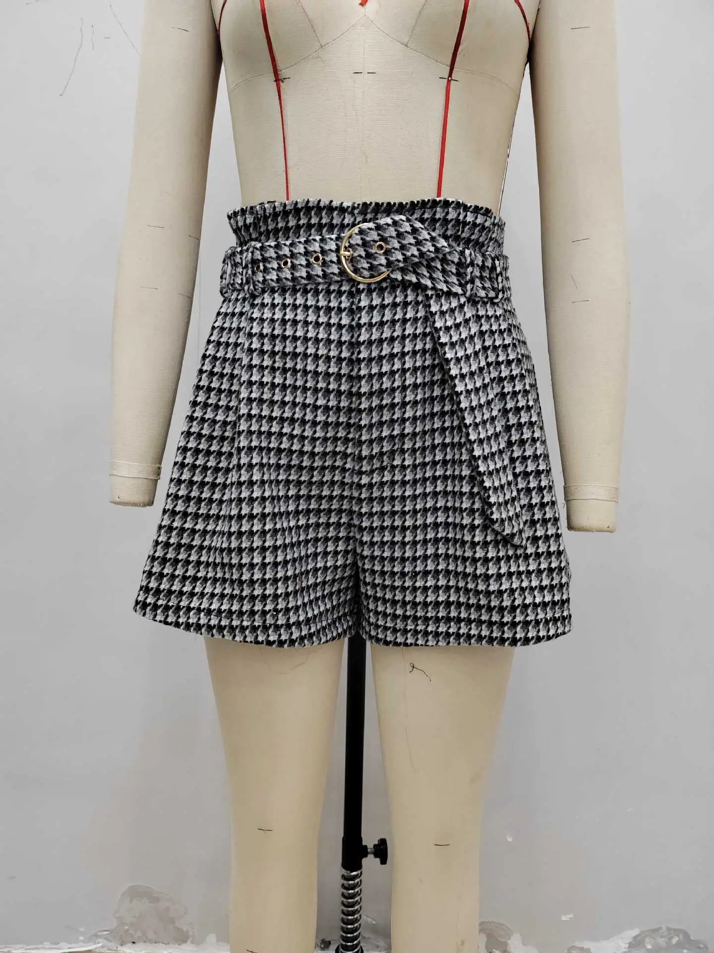 Women Houndstooth Shorts High Waist Belt Slimming Winter
