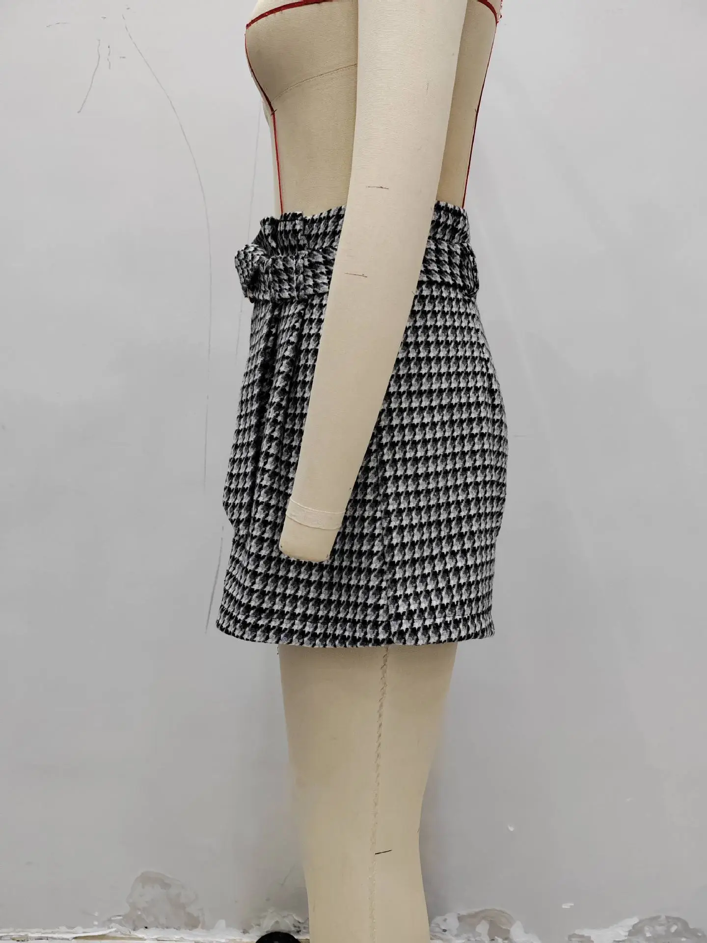 Women Houndstooth Shorts High Waist Belt Slimming Winter