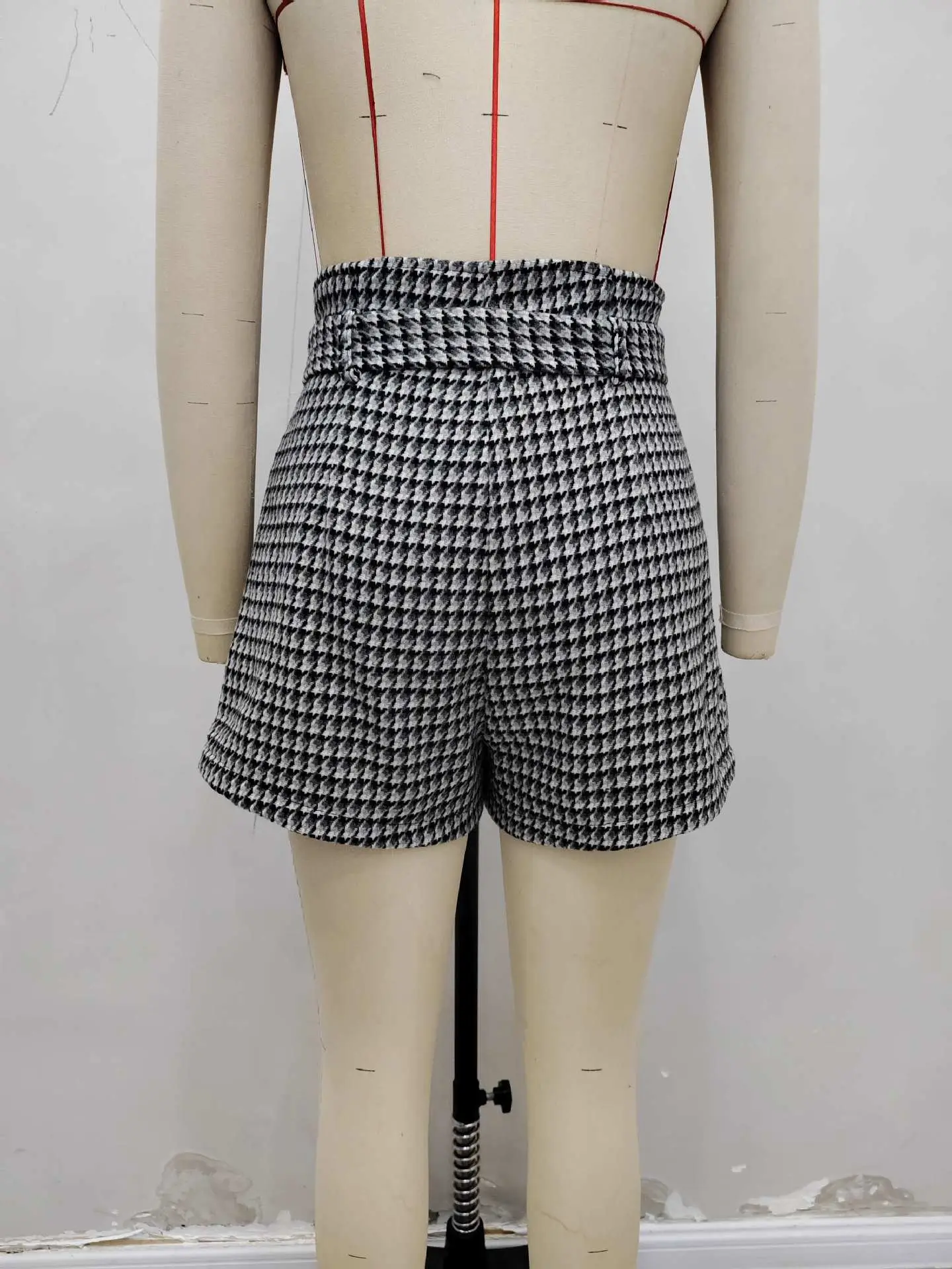 Women Houndstooth Shorts High Waist Belt Slimming Winter