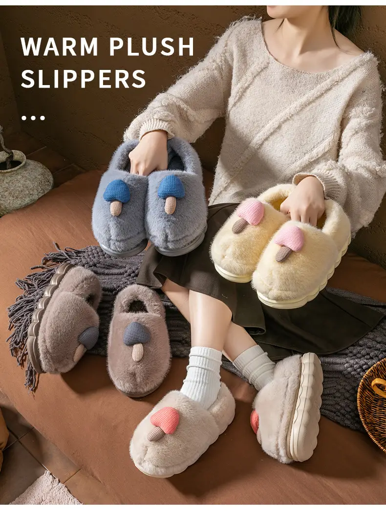 Cute Mushroom Slippers for Women Blue Beige Winter Warm — feature 14