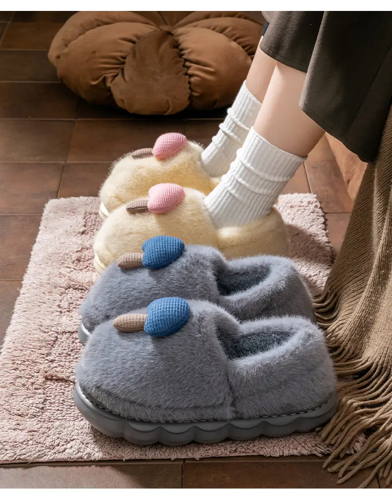 Cute Mushroom Slippers for Women Blue Beige Winter Warm — feature 16