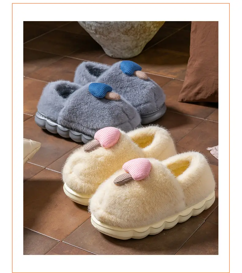 Cute Mushroom Slippers for Women Blue Beige Winter Warm — feature 17