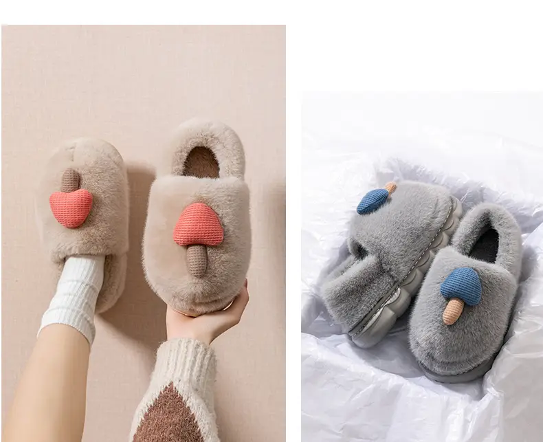 Cute Mushroom Slippers for Women Blue Beige Winter Warm — feature 19