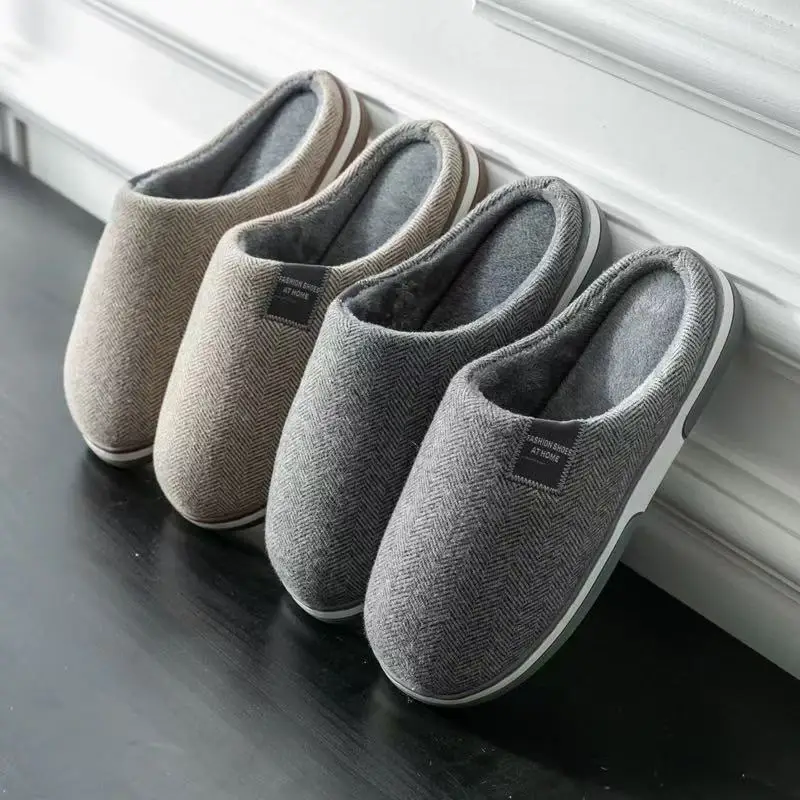 Home Cotton Slippers for Men, Autumn and Winter Non-Slip Soft Bottom Slippers for the Elderly, Indoor Velvet Warm Couple Cotton Slippers