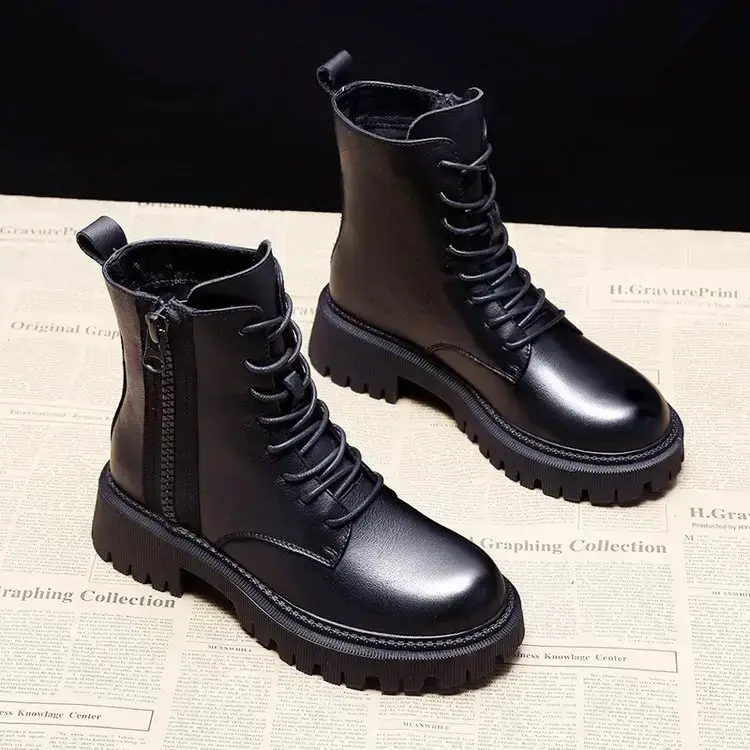 British Style Thick Heel Boots Women 2025 Fleece Lined - Image 1