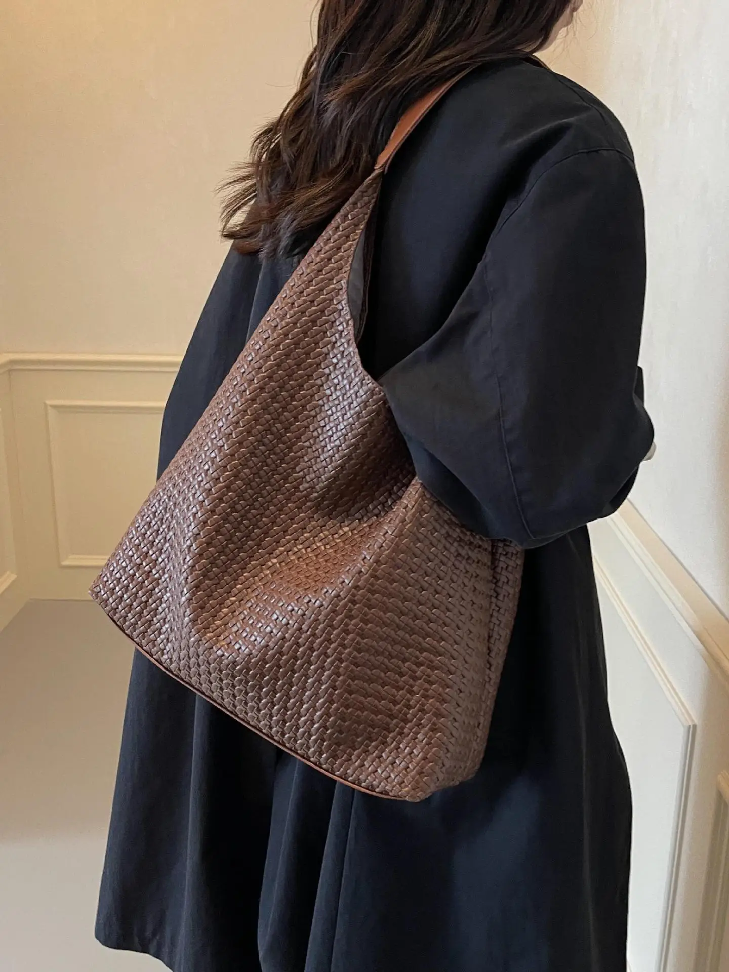 Korean Style Woven Armpit Bag for Women Brown - Image 9
