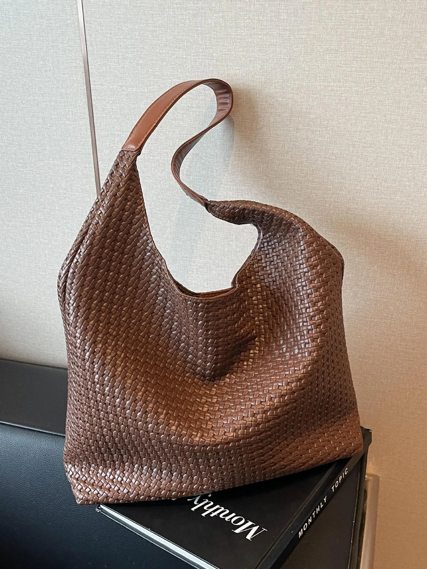 Korean Style Woven Armpit Bag for Women Brown - Image 11