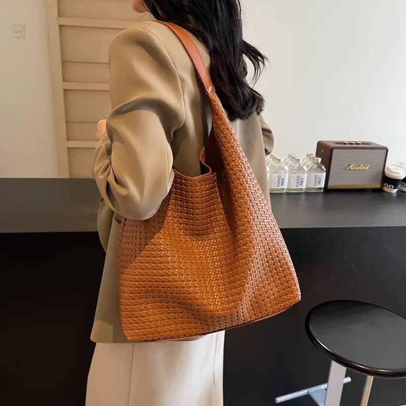 Korean Style Woven Armpit Bag for Women Brown - Image 4