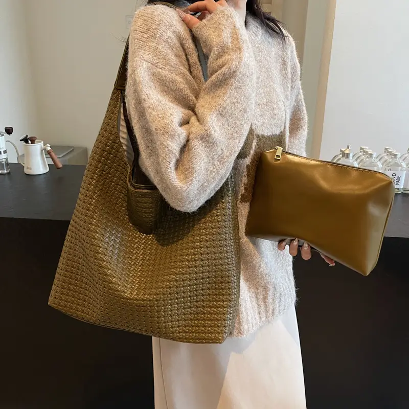 Korean Style Woven Armpit Bag for Women Brown - Image 5