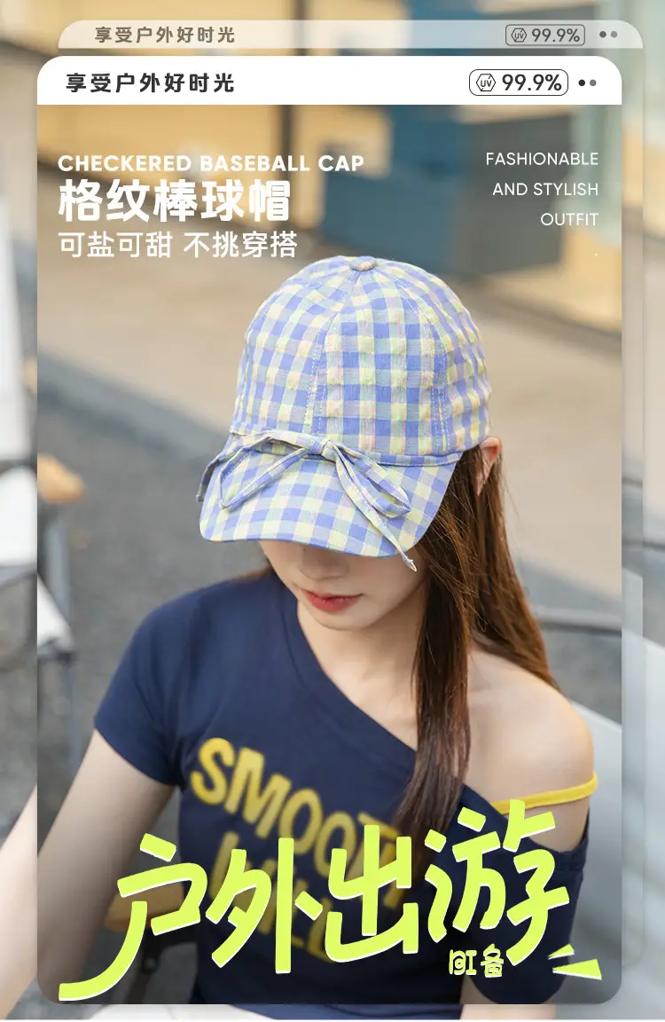 Korean Style British Plaid Baseball Cap Small Bow Peaked Cap — feature 1