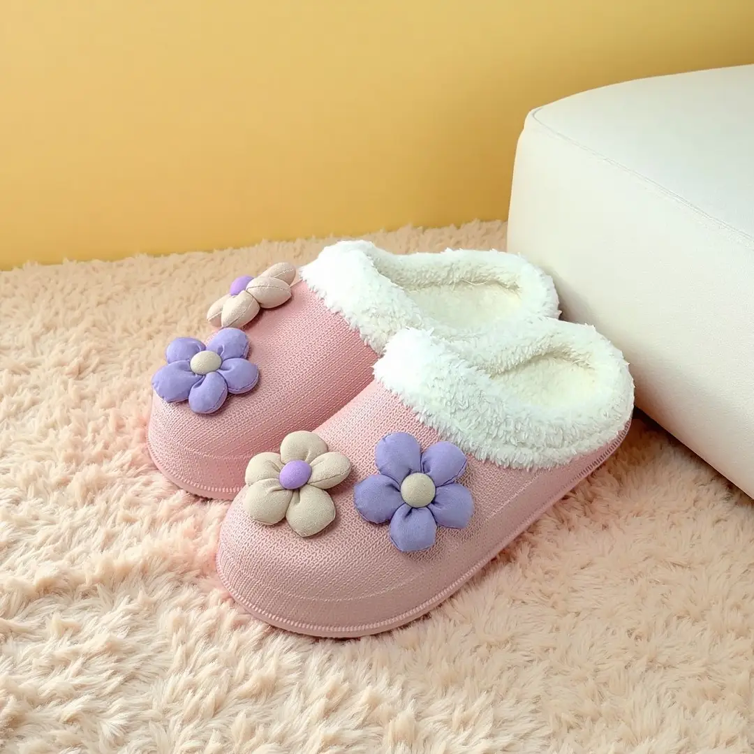 Eva New Cute Cartoon Flower Cute Plush Cotton Slippers for Women to Wear Outside Fleece-Lined to Keep Warm Flower Fur Edge for Home - Image 5