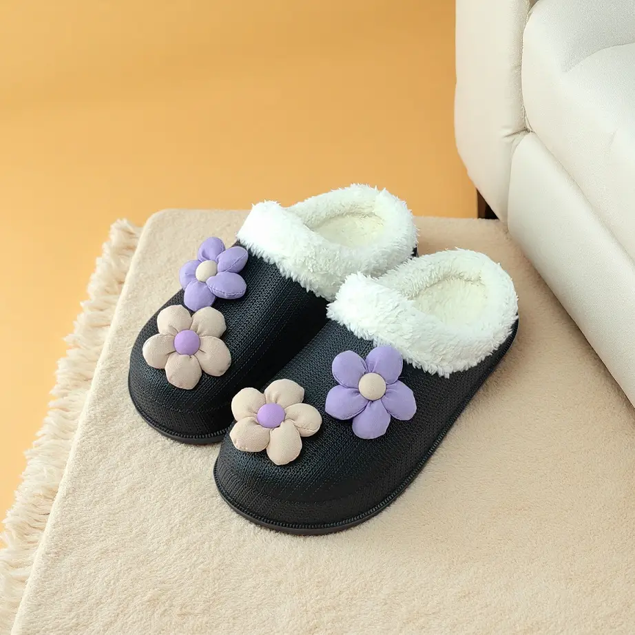 Eva New Cute Cartoon Flower Cute Plush Cotton Slippers for Women to Wear Outside Fleece-Lined to Keep Warm Flower Fur Edge for Home - Image 7