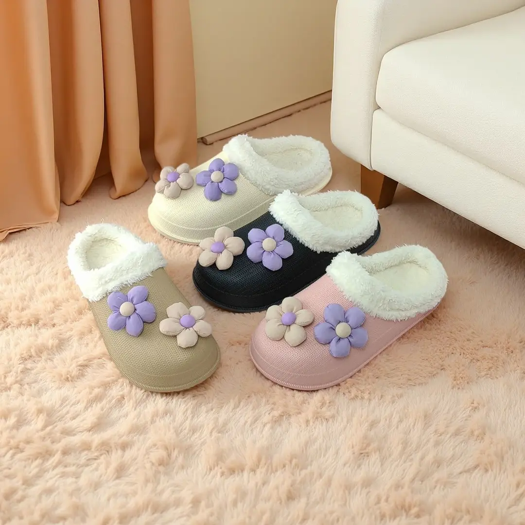 Eva New Cute Cartoon Flower Cute Plush Cotton Slippers for Women to Wear Outside Fleece-Lined to Keep Warm Flower Fur Edge for Home - Image 8