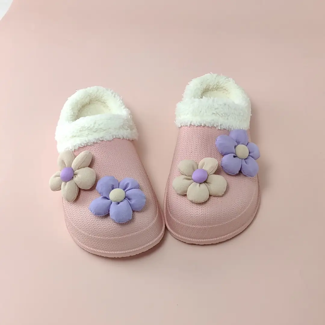 Eva New Cute Cartoon Flower Cute Plush Cotton Slippers for Women to Wear Outside Fleece-Lined to Keep Warm Flower Fur Edge for Home - Image 9
