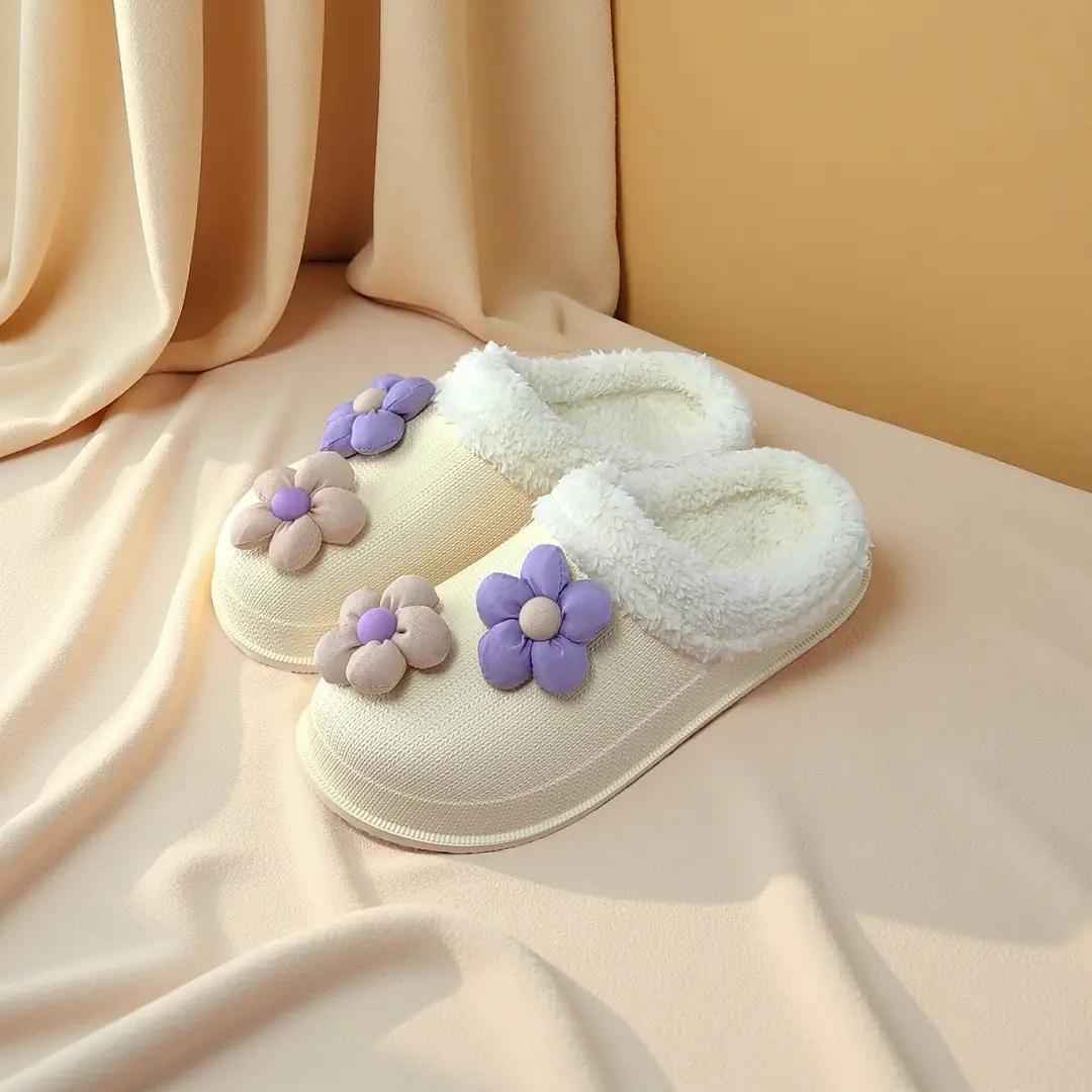 Eva New Cute Cartoon Flower Cute Plush Cotton Slippers for Women to Wear Outside Fleece-Lined to Keep Warm Flower Fur Edge for Home — feature 5
