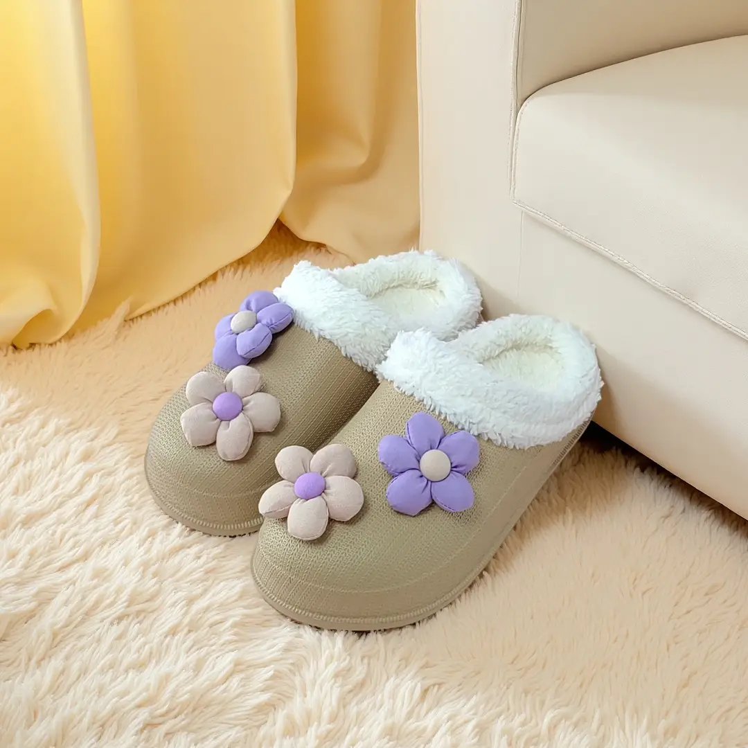 Eva New Cute Cartoon Flower Cute Plush Cotton Slippers for Women to Wear Outside Fleece-Lined to Keep Warm Flower Fur Edge for Home - Image 4