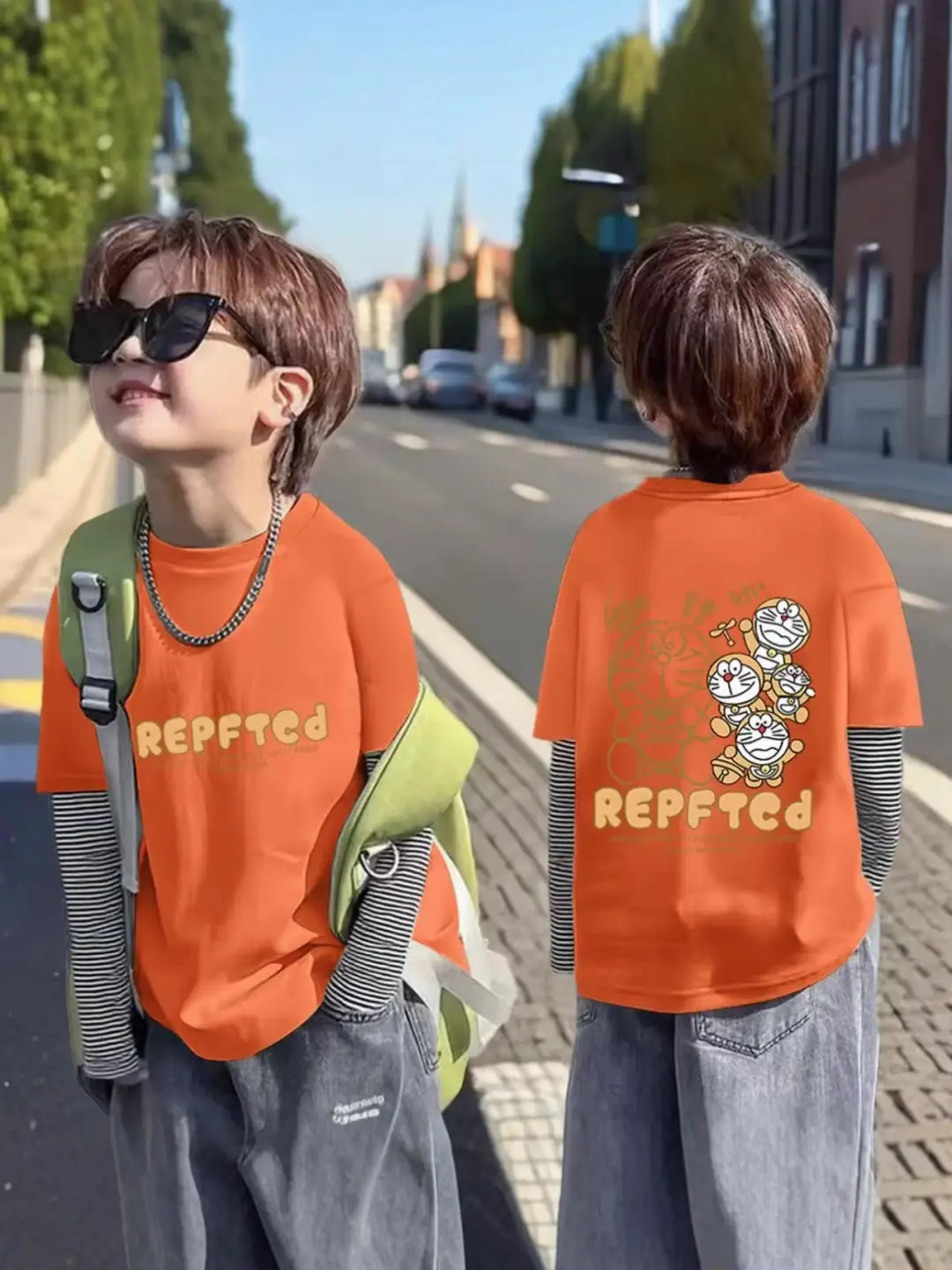 Boys Orange Korean Style T-Shirt Casual Minimalist Pure Cotton