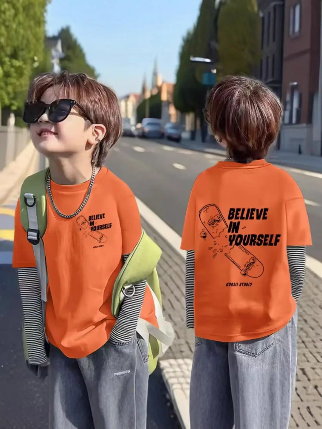Boys Orange Korean Style T-Shirt Casual Minimalist Pure Cotton
