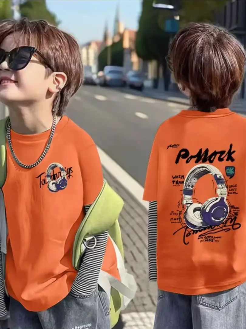 Boys Orange Korean Style T-Shirt Casual Minimalist Pure Cotton