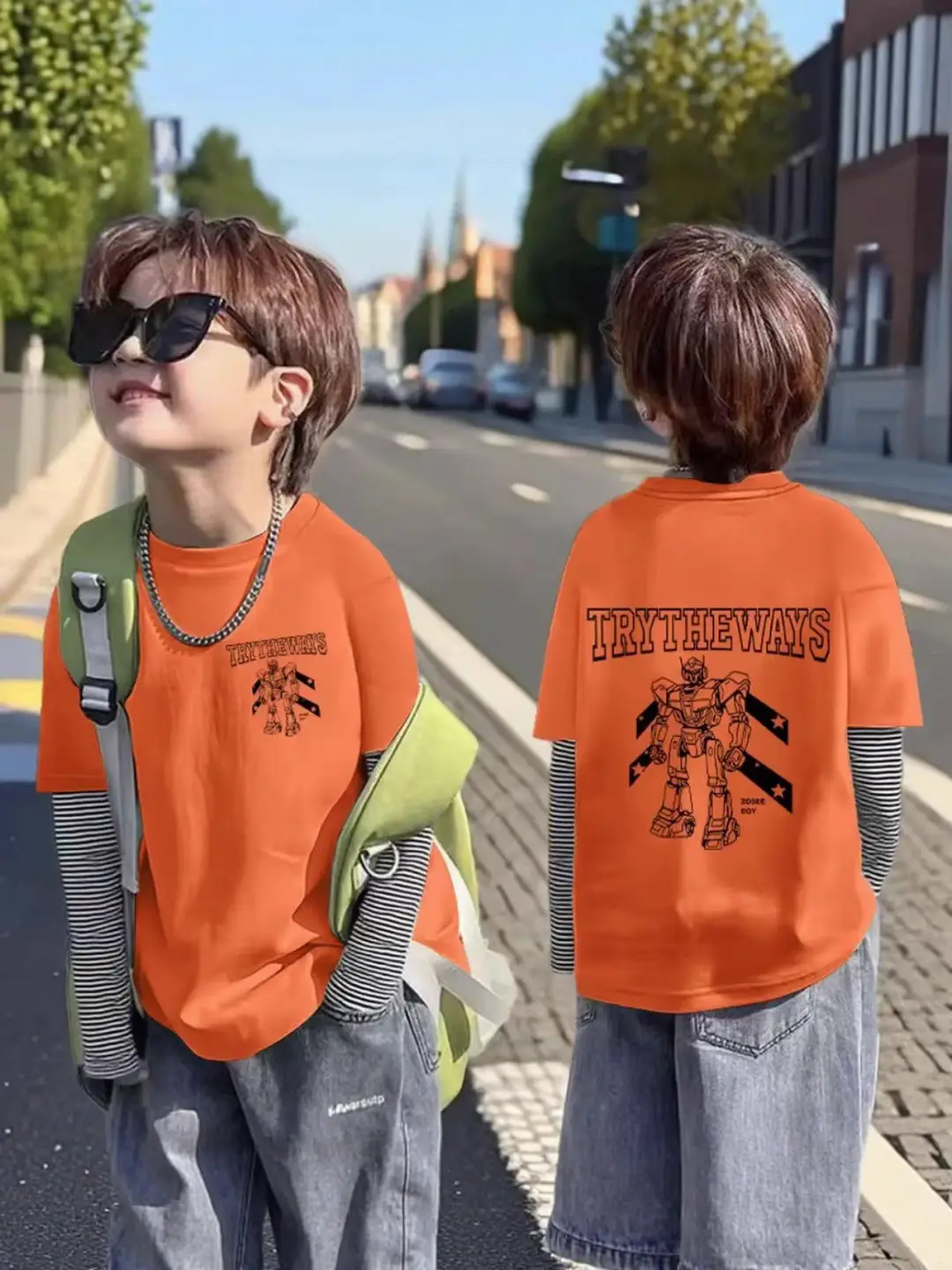 Boys Orange Korean Style T-Shirt Casual Minimalist Pure Cotton