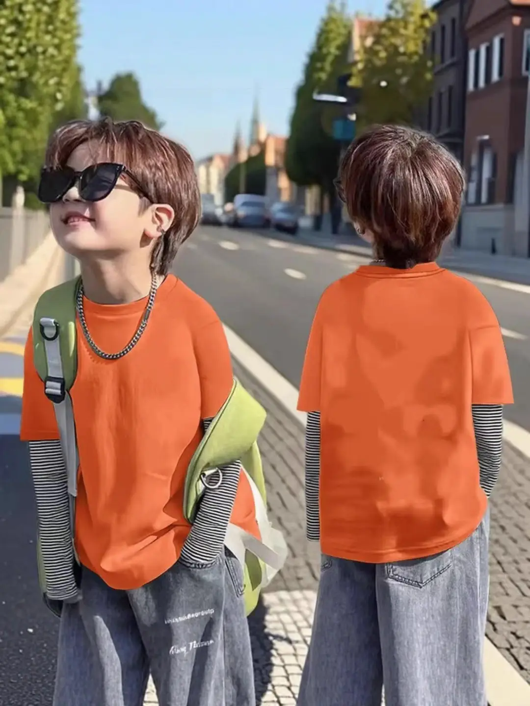 Boys Orange Korean Style T-Shirt Casual Minimalist Pure Cotton