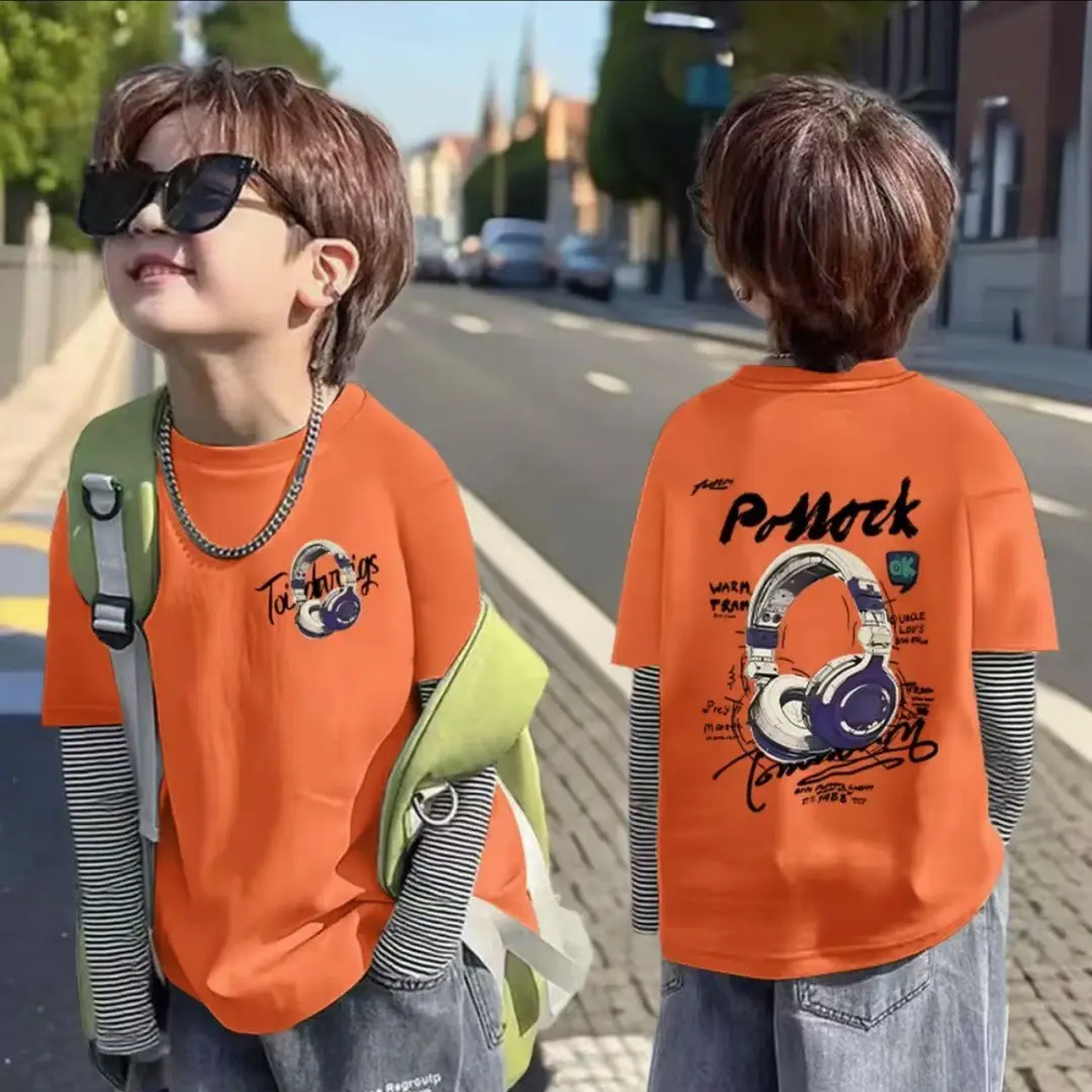 Boys Orange Korean Style T-Shirt Casual Minimalist Pure Cotton
