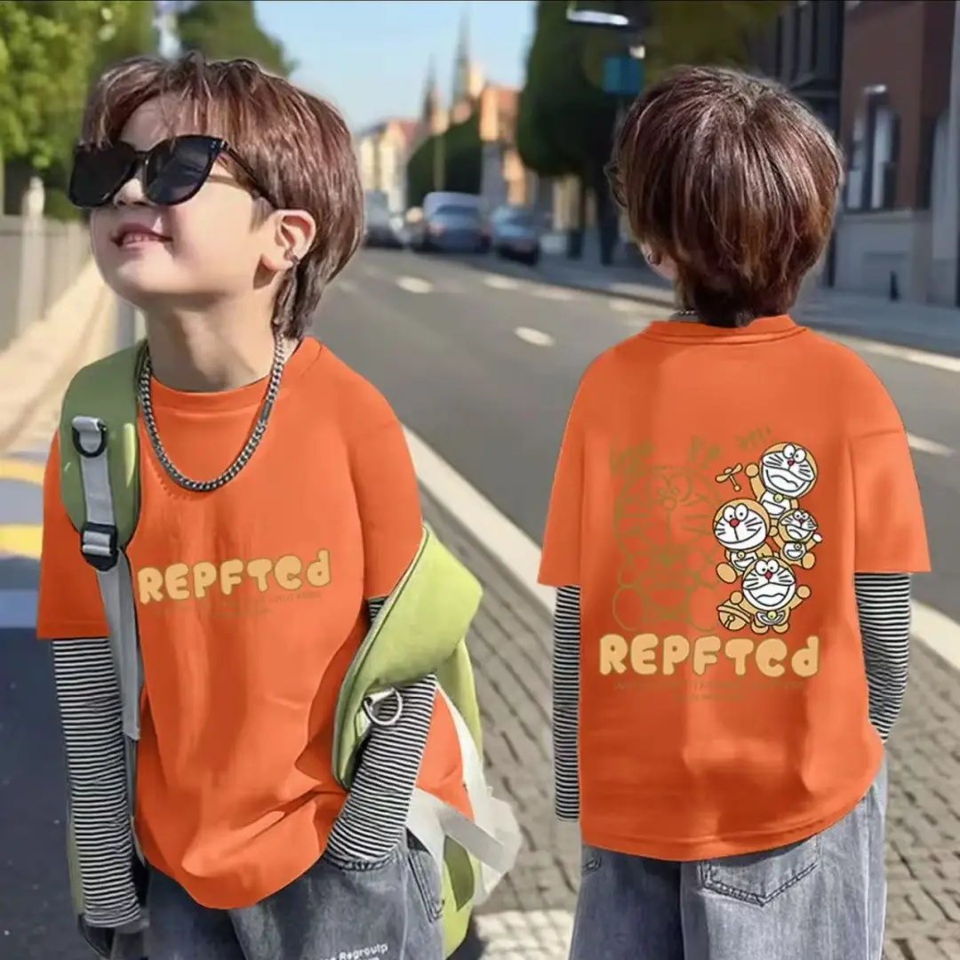 Boys Orange Korean Style T-Shirt Casual Minimalist Pure Cotton
