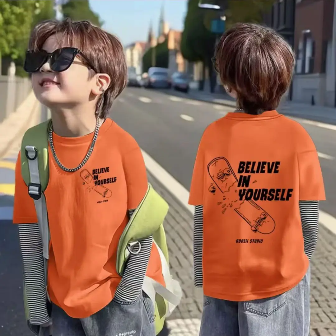 Boys Orange Korean Style T-Shirt Casual Minimalist Pure Cotton