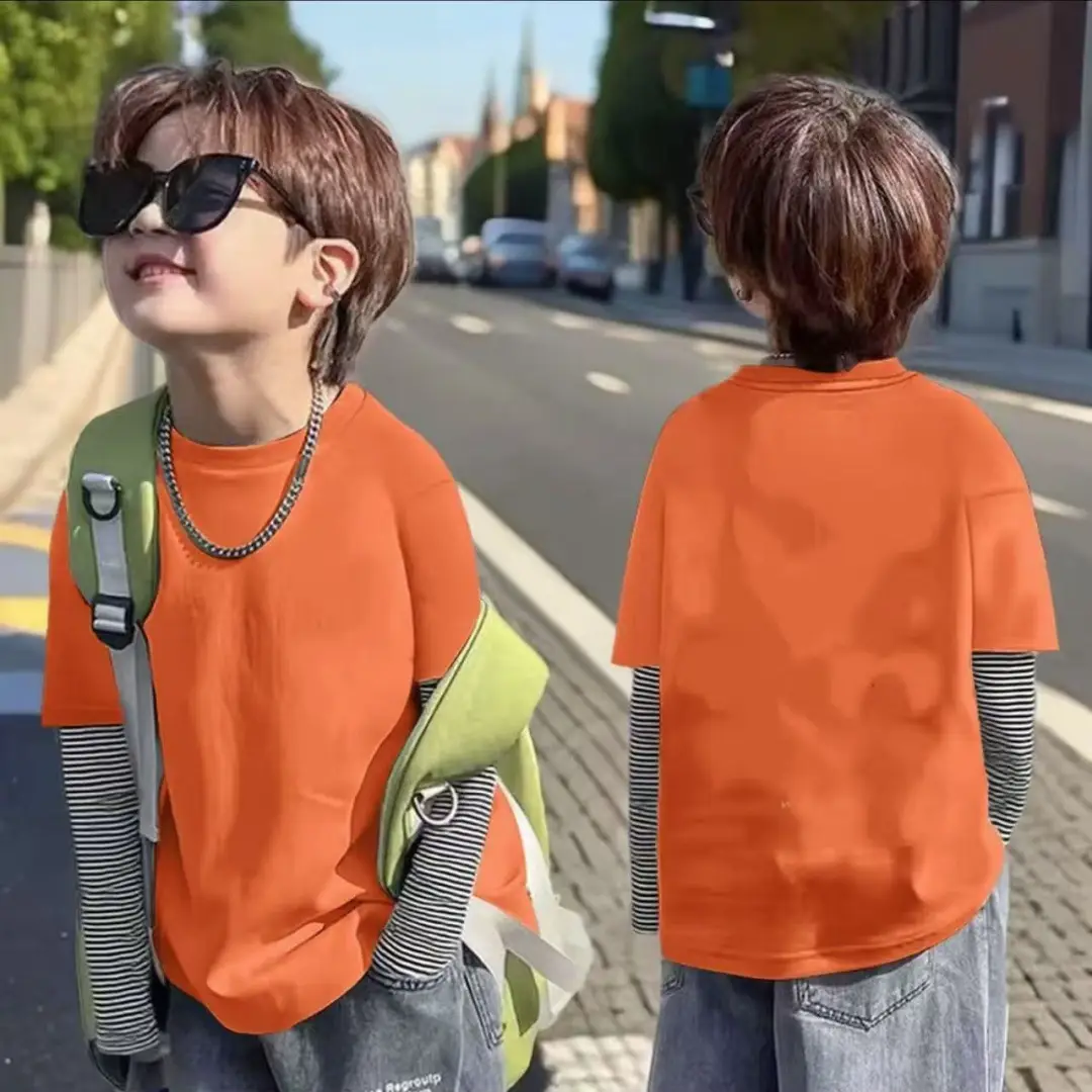 Boys Orange Korean Style T-Shirt Casual Minimalist Pure Cotton